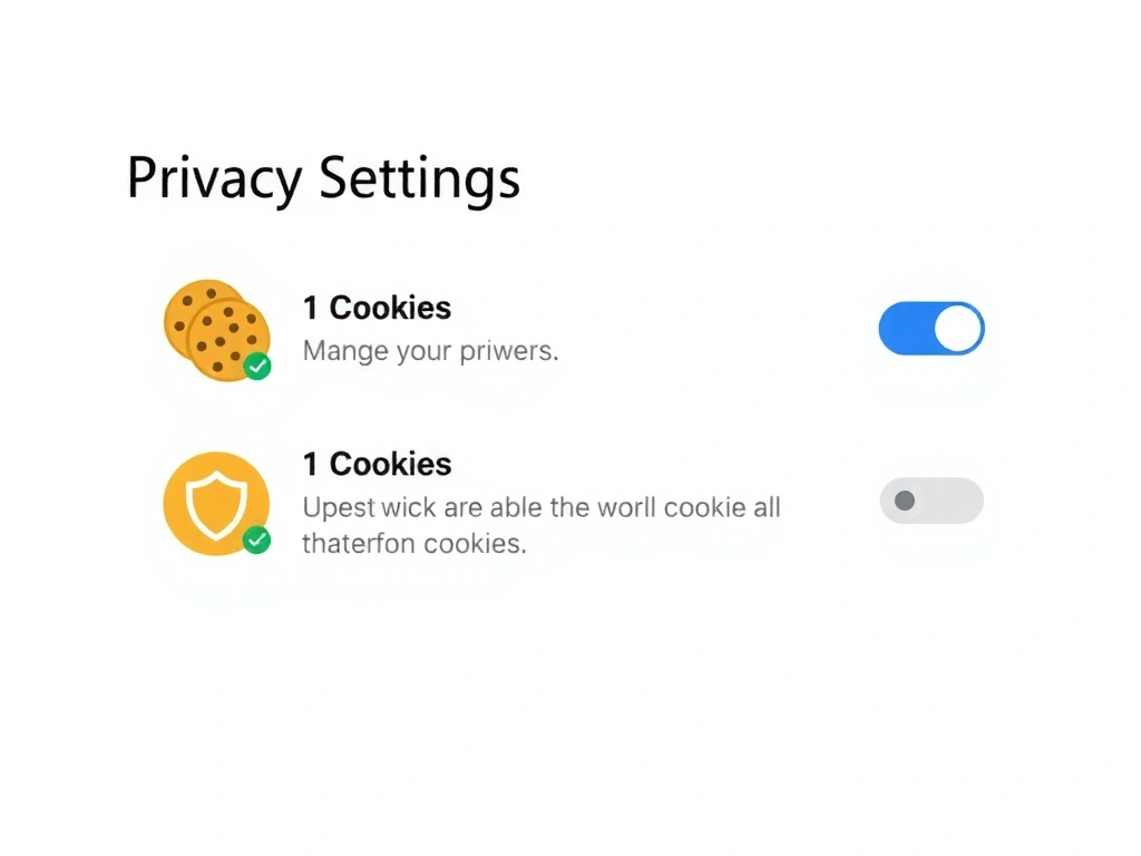 Ilustracja przedstawiająca ustawienia prywatności w przeglądarce internetowej, z ikonami plików cookie i tarczą ochronną.