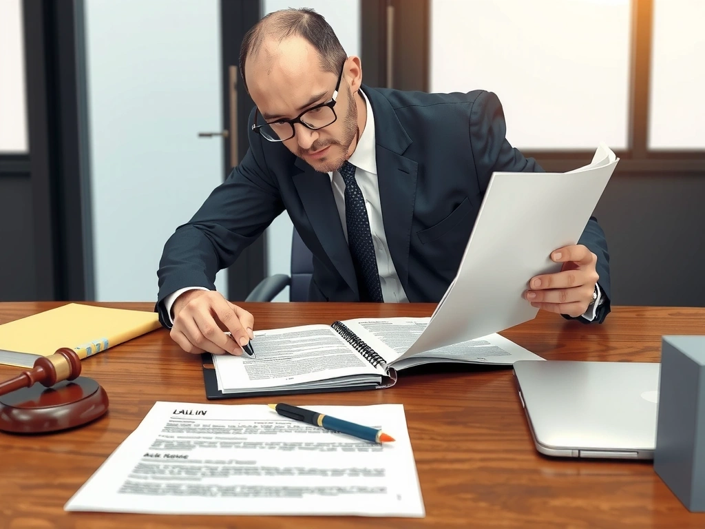 Ilustracja prawnika analizującego dokumenty, symbolizująca regulamin i zasady korzystania z serwisu.